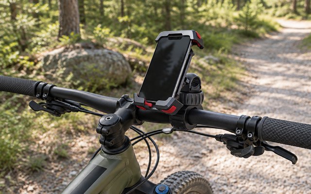 Pnitri bike phone holder, clamped to the handlebar of a mountain bike on a gravel trail in the woods