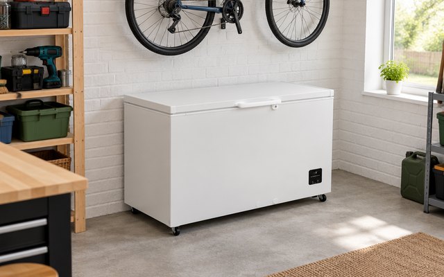 Hisense 297L chest freezer, in a clean, bright British garage with painted brick walls, shelves of tools and a bicycle hung on the wall behind