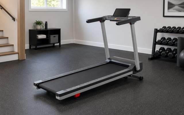 Sunny Health & Fitness auto incline treadmill, in a home gym in a finished basement with black rubber flooring, its screen off