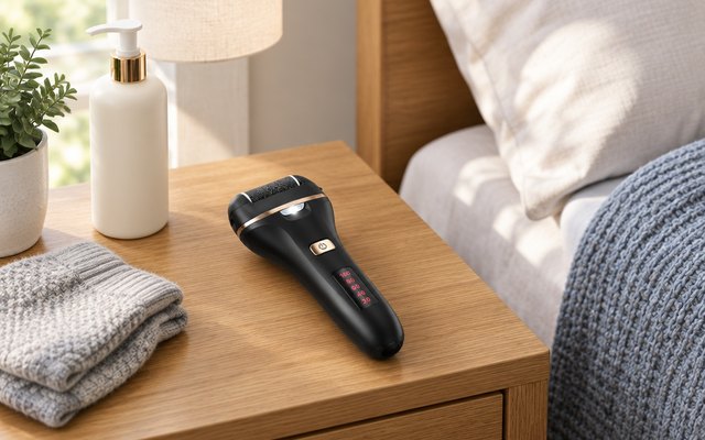 CIVYPRO BK-506 electric foot file, on a bedroom nightstand beside a bottle of lotion and a folded pair of cozy socks