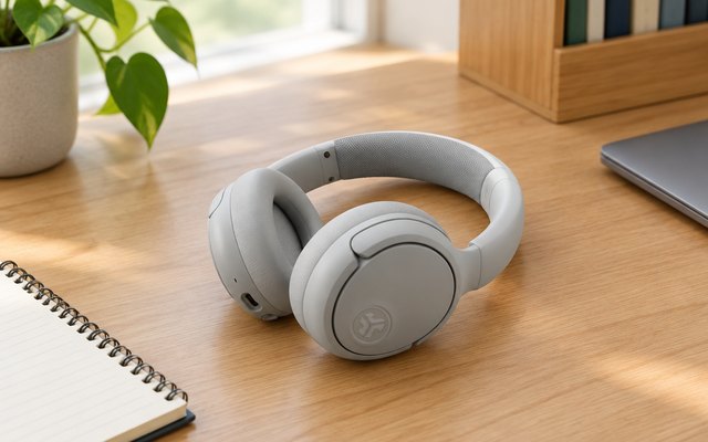 JLab JBuds Lux ANC headphones, on a wooden desk in a home office beside a notebook
