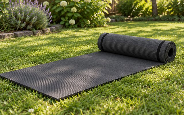 CAP 1 in Extra Thick Exercise Yoga Mat, unrolled on grass in a garden, morning