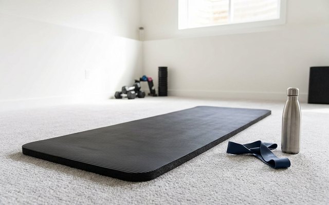 An extra-thick black exercise mat unrolled on the grey carpet of a bright basement home gym, beside a resistance band and a water bottle