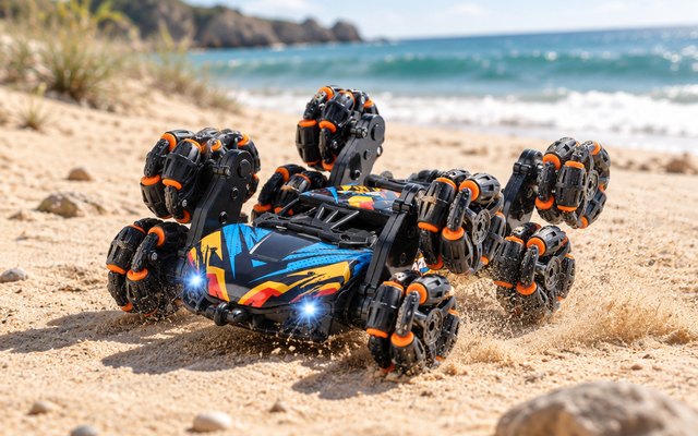 NEXBOX 8-Wheel Gesture-Sensing Stunt Car, on a sandy beach track in bright light