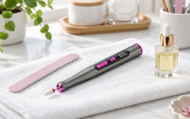 Slim cordless nail drill pen lying on a white towel at a home manicure station with a nail file and cuticle oil