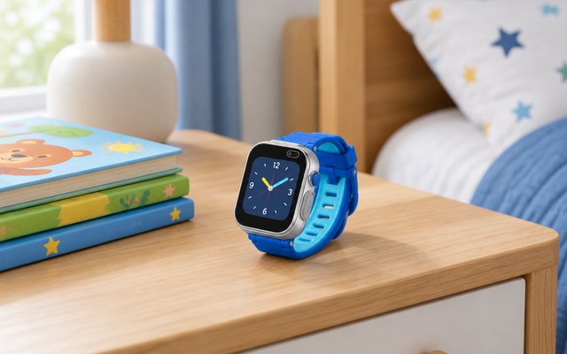 Kids' smartwatch, lying on a child's bedside table beside a stack of picture books, its screen showing a simple clock face