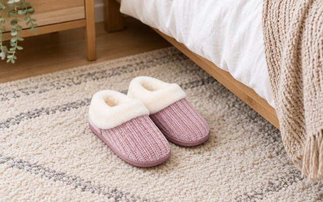 A pair of Evshine pink chenille knit slippers, side by side on a bedroom rug beside the bed