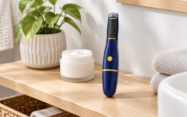 Dr. Scholl's electric foot file, on a light wood bathroom shelf beside a jar of foot cream and a small plant