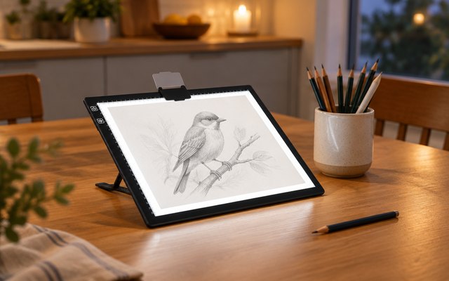 Zocelight A3 light pad, on a kitchen table beside a cup of pencils