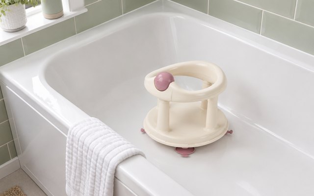 Swivel baby bath seat, inside an empty white family bath in a bright bathroom with sage tiles