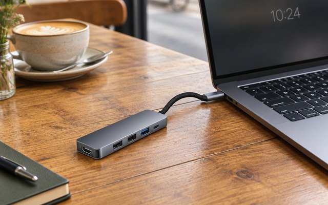 BENFEI USB-C hub, on a wooden table in a coffee shop