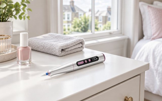 Denabuty cordless nail drill, resting on a white dressing table in a bright British bedroom beside a bottle of nail polish and a folded hand towel, a sash windo