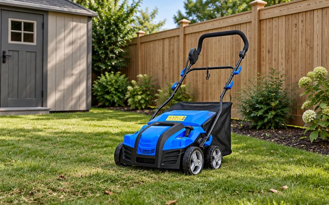 BILT HARD electric dethatcher, on a side-yard lawn beside a wooden privacy fence and a garden shed