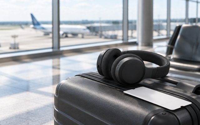 Black over-ear headphones on a suitcase in a bright airport lounge