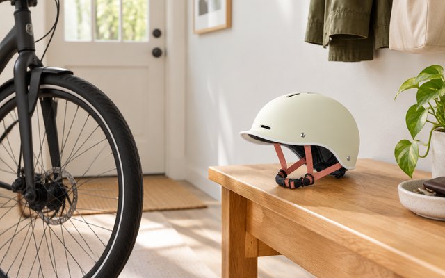 Findway Pro bike helmet, sitting on a wooden bench in a bright apartment entryway beside a commuter bike's front wheel
