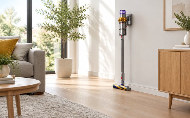 Nickel and yellow cordless stick vacuum standing in its wall dock in a bright modern living room with a light wood floor and a rug
