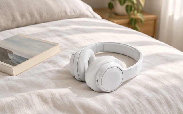 JBL Tune 770NC headphones, on a neatly made bed beside a paperback book