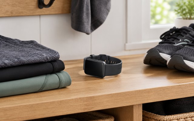 Samsung Galaxy Fit3 fitness tracker, on a mudroom shelf beside folded workout clothes and running shoes