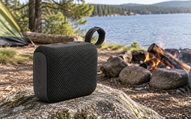 JBL Go 4 Portable Bluetooth Speaker, on a rock beside a campfire ring at a lakeside campsite, daylight