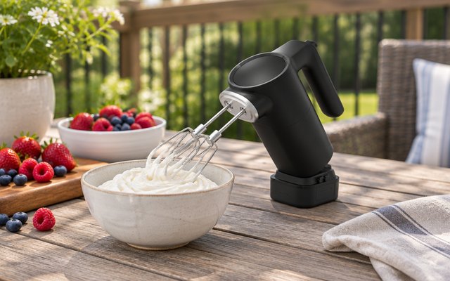 KitchenAid Go cordless hand mixer, on a patio table on a backyard deck beside a bowl of whipped cream and fresh berries