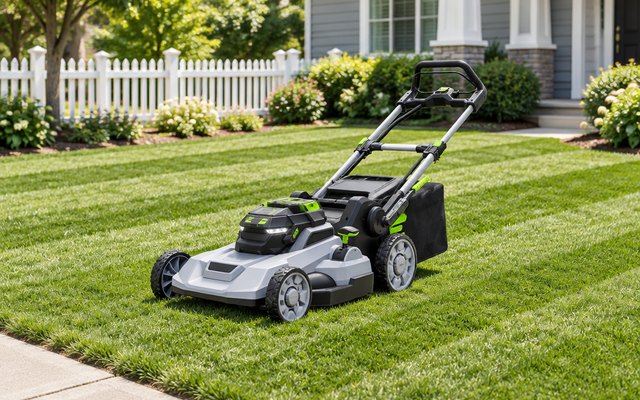 EGO Power+ LM2112 push mower, on a freshly striped front lawn of a suburban American house with a white picket fence
