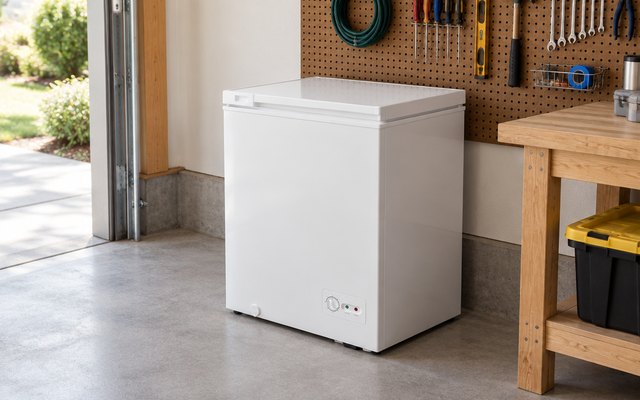 Igloo compact chest freezer, in a tidy American garage beside a pegboard wall and a workbench