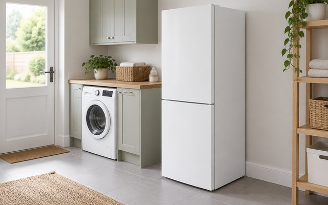 Fridge freezer, in a British utility room beside a washing machine