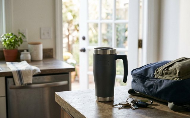 Charcoal travel mug with a side handle on a counter by the back door, beside keys and a backpack