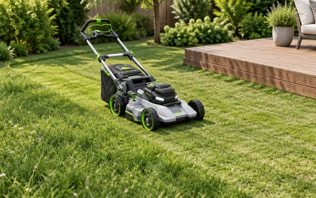 EGO Power+ Select Cut self-propelled mower, on a gently sloping backyard lawn beside a wooden deck, half the grass freshly cut