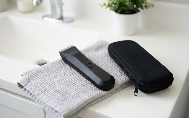 Slim black body trimmer on a folded grey towel beside a black zipped pouch on a white bathroom counter