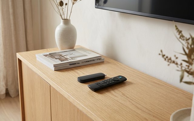 Fire TV Stick 4K Max, a slim streaming stick and its remote on a light oak sideboard beside a TV