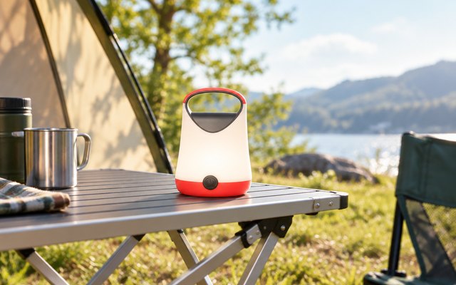 Eveready X-250 camping lantern, glowing on a folding table outside a tent in late-afternoon sun