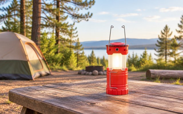Eveready 360 PRO camping lantern, glowing on a picnic table at a campsite in early evening light