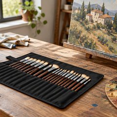 Artist brush set in a canvas roll, the roll unrolled on a studio table beside an oil painting in progress