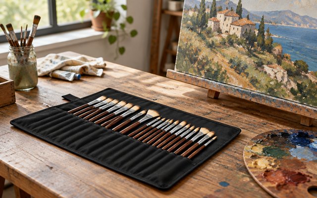 Artist brush set in a canvas roll, the roll unrolled on a studio table beside an oil painting in progress