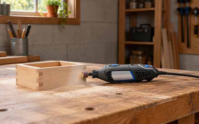 Corded rotary tool, on a woodworking bench in a basement workshop beside a small wooden box being sanded