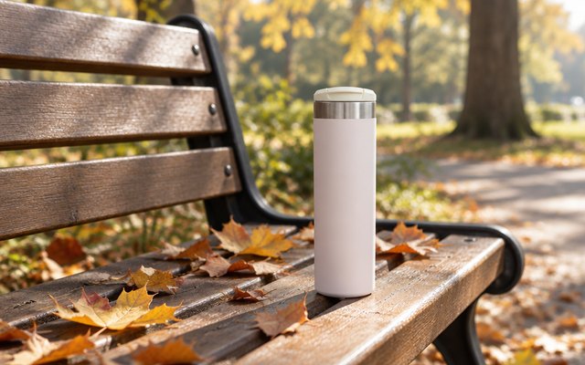 Stanley AeroLight Transit Bottle, on a wooden park bench in the morning with fall leaves around it