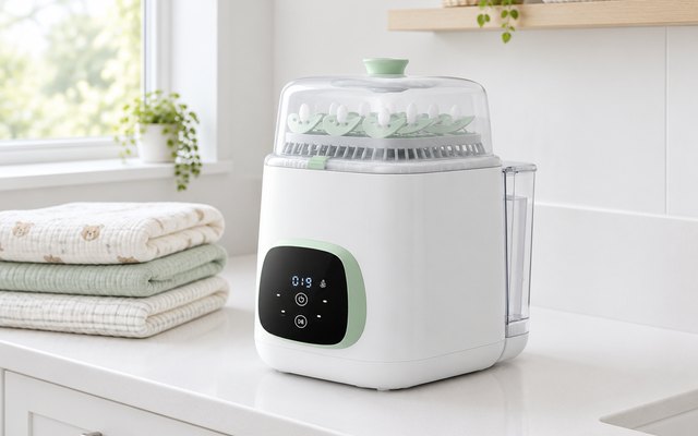 Momcozy KleanPal Pro bottle washer, on a white laundry room counter beside a stack of folded baby blankets