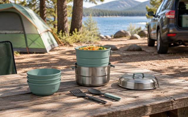Stanley Wildfare camp kitchen cook set, set out on a picnic table at a family car-camping site
