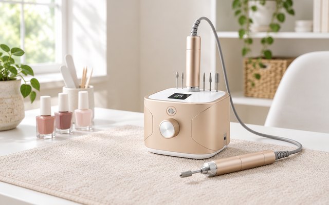 Kredioo nail drill machine, on a tidy home nail desk in a bright spare room, a soft towel mat and a few polish bottles beside it