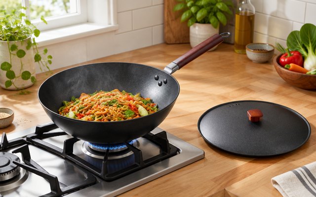 Teewe carbon steel wok, on a stove top with noodles and vegetables sizzling inside, its lid on the counter beside it