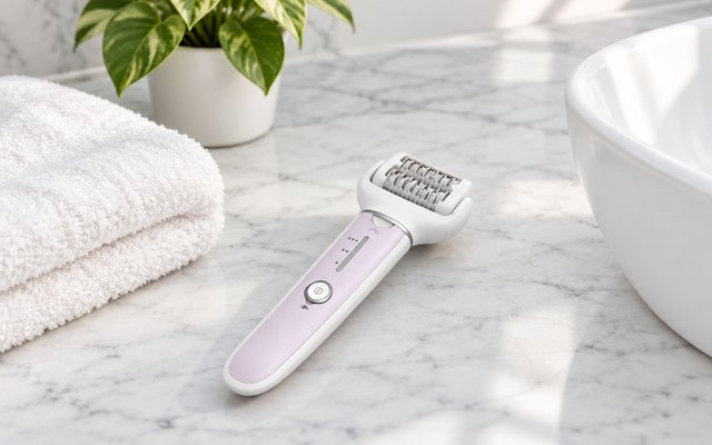 Panasonic wet and dry epilator, on a white marble bathroom counter beside a folded towel and a small plant