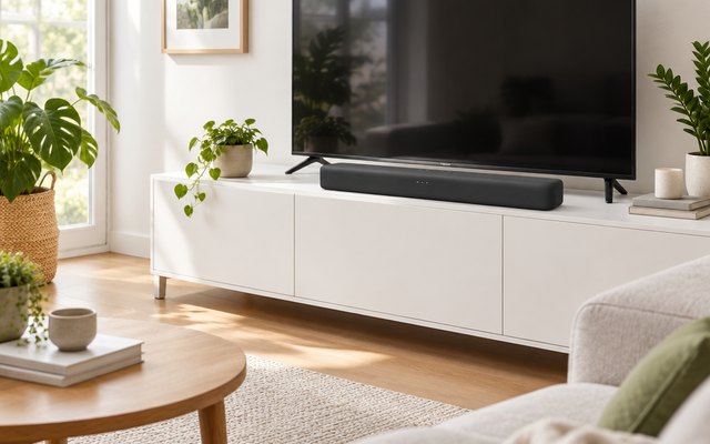 Fire TV Soundbar 2.0 on a white TV stand in a bright living room
