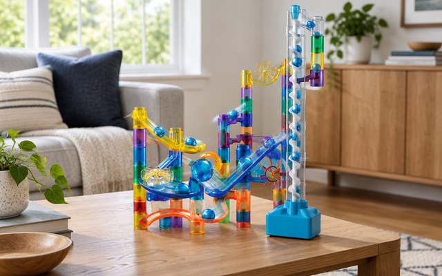 National Geographic motorized marble run, on a family room coffee table, marbles rolling down its track