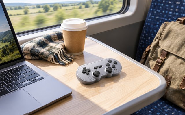 8BitDo SN30 Pro in gray on a sunny train table beside a laptop