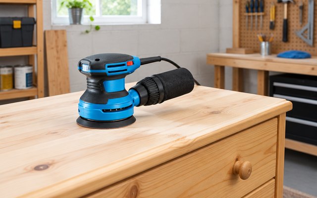 Dong Cheng orbital sander, on a pine dresser top in a bright basement workshop