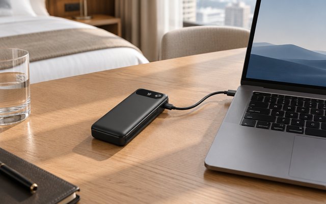 Power bank with its built-in USB-C cable on a desk next to a laptop in a hotel room