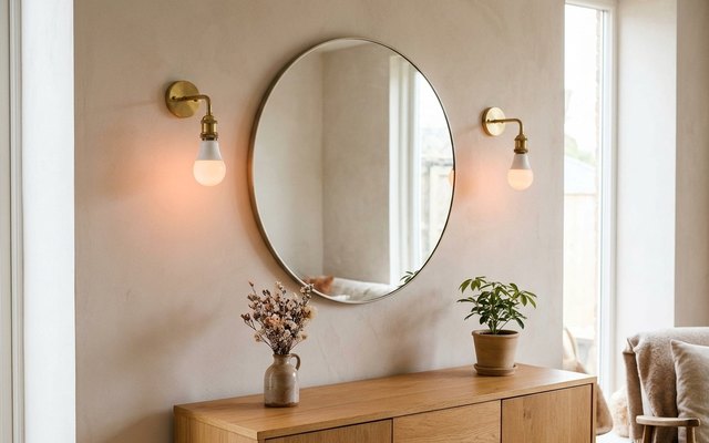 Two smart bulbs glowing warm white in brass wall sconces either side of a round mirror