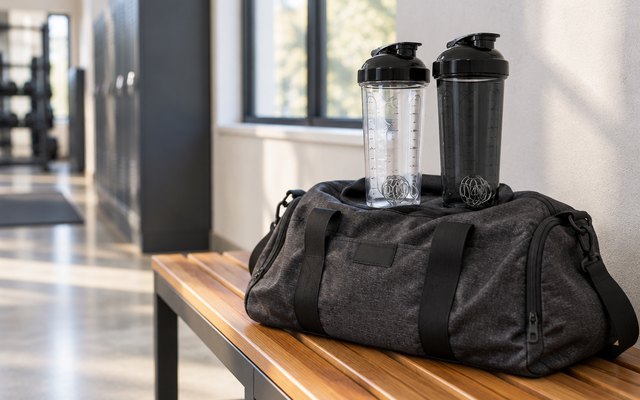 VELOMIX shaker bottles, the two bottles on top of a gym bag on a hallway bench