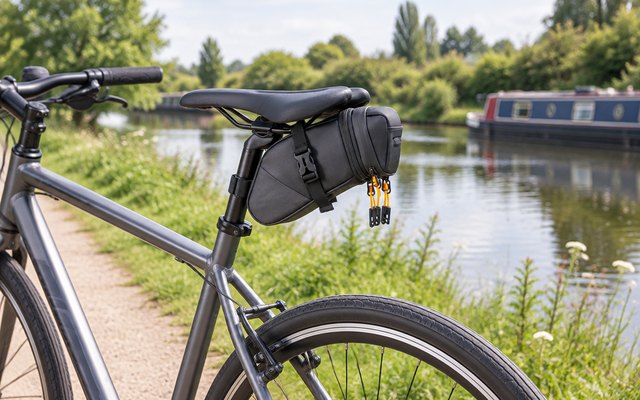 CCKOLE expandable saddle bag, strapped under the saddle of a hybrid bike parked by a canal towpath